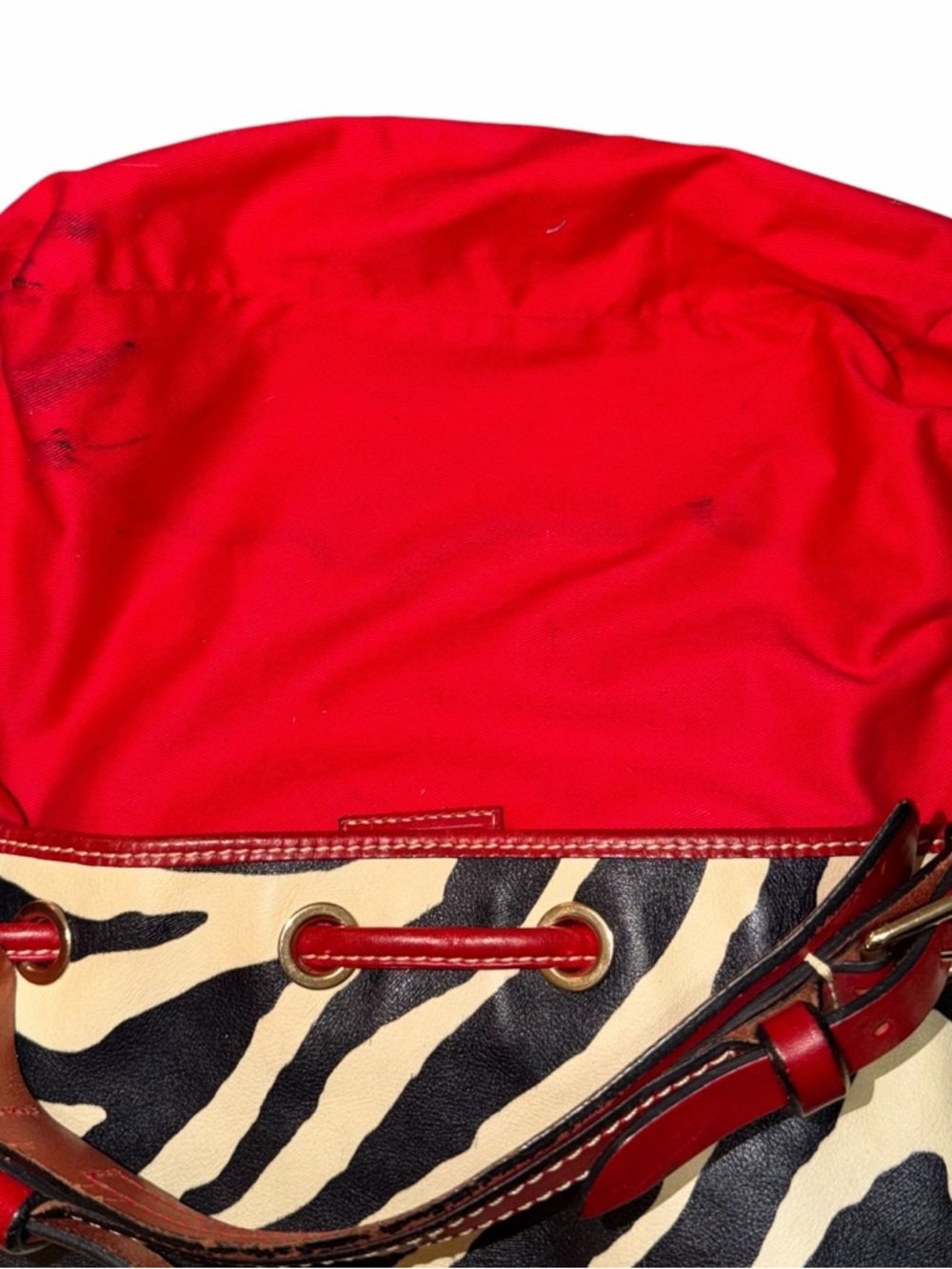 REHAB Dooney & Bourke Red Trim Zebra-Print Drawstring Bucket Bag - Picture 12 of 14